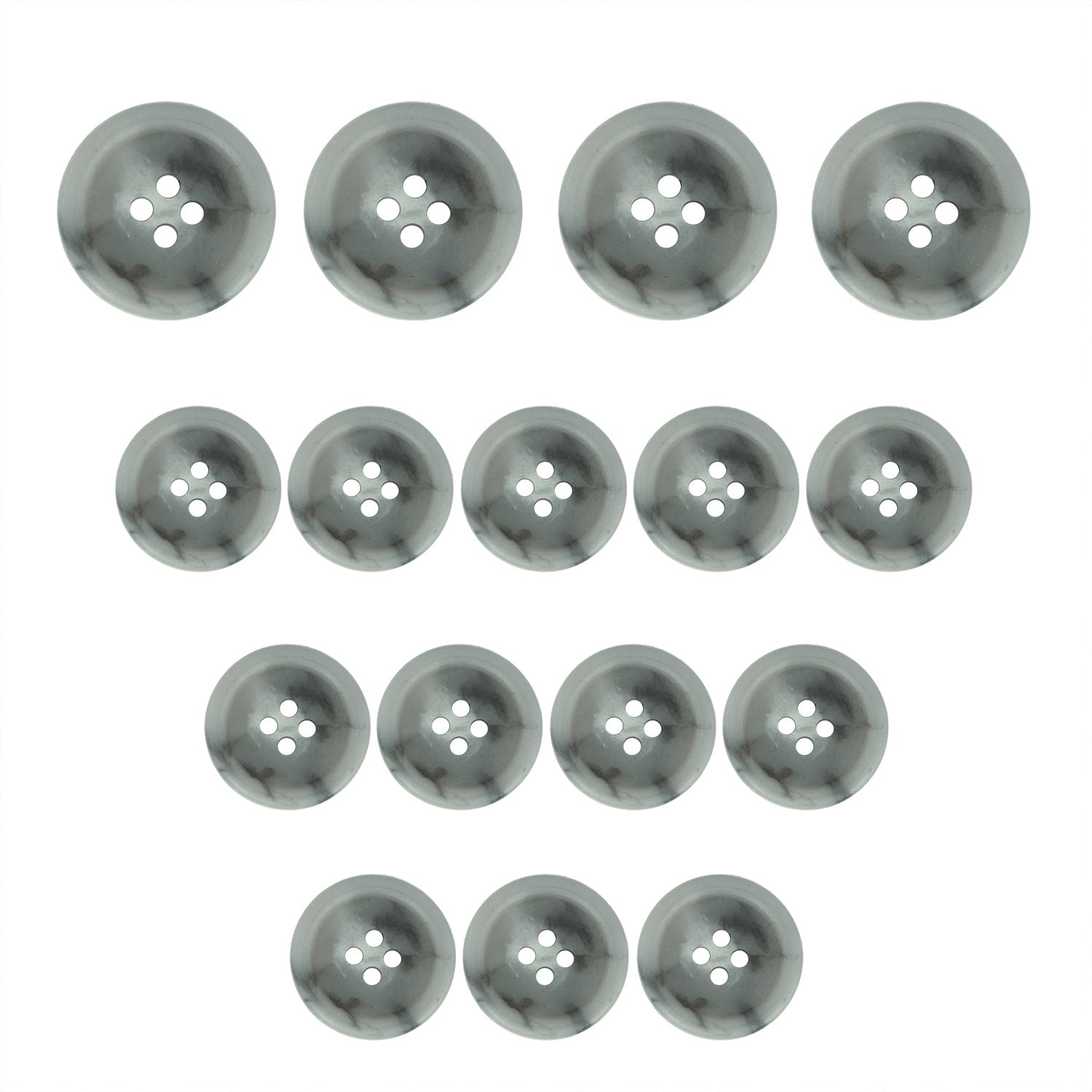 Fifteen Regular Suit Buttons in shiny silver, arranged in a triangular pattern on a white background.