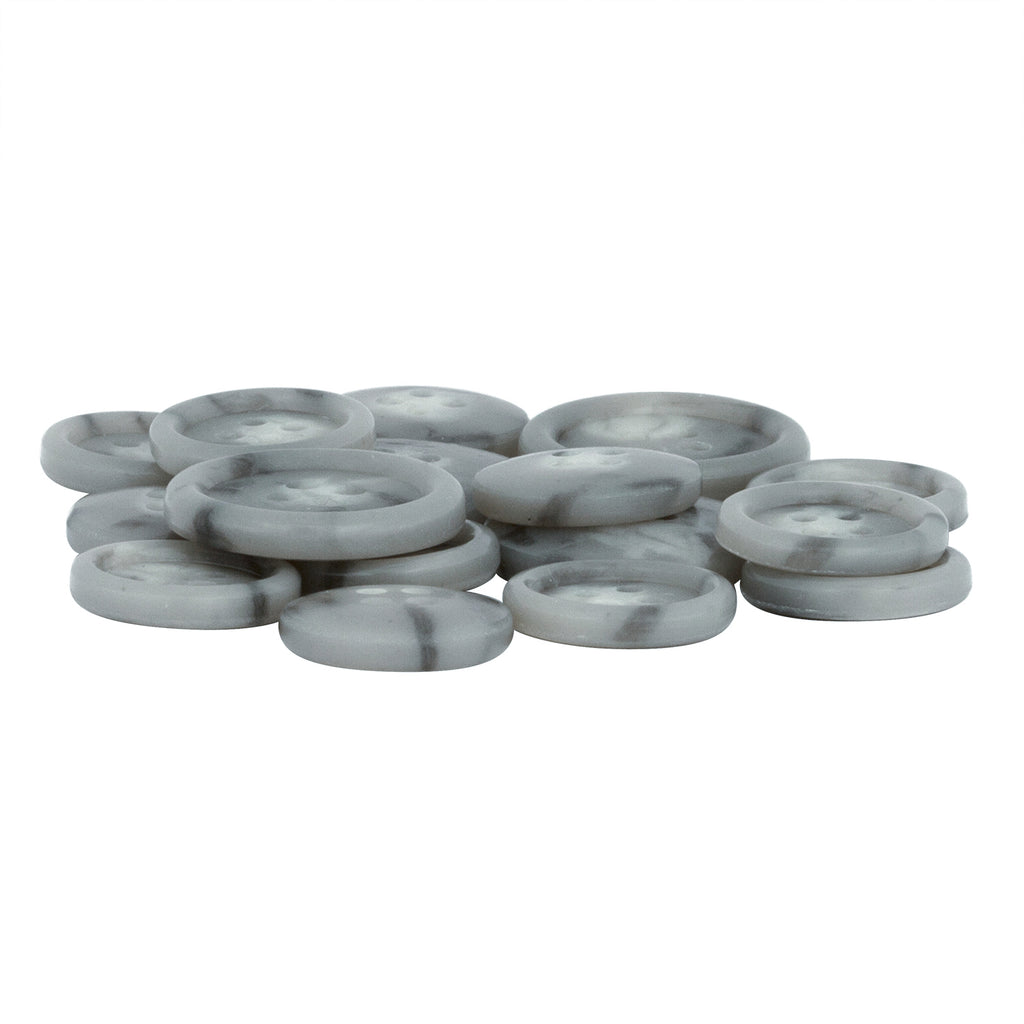 A stack of Regular Suit Buttons—round, flat, gray marbled with four holes—on a white background, perfect as replacements for your favorite jacket.