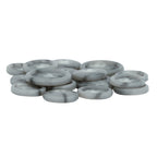 A stack of Regular Suit Buttons—round, flat, gray marbled with four holes—on a white background, perfect as replacements for your favorite jacket.