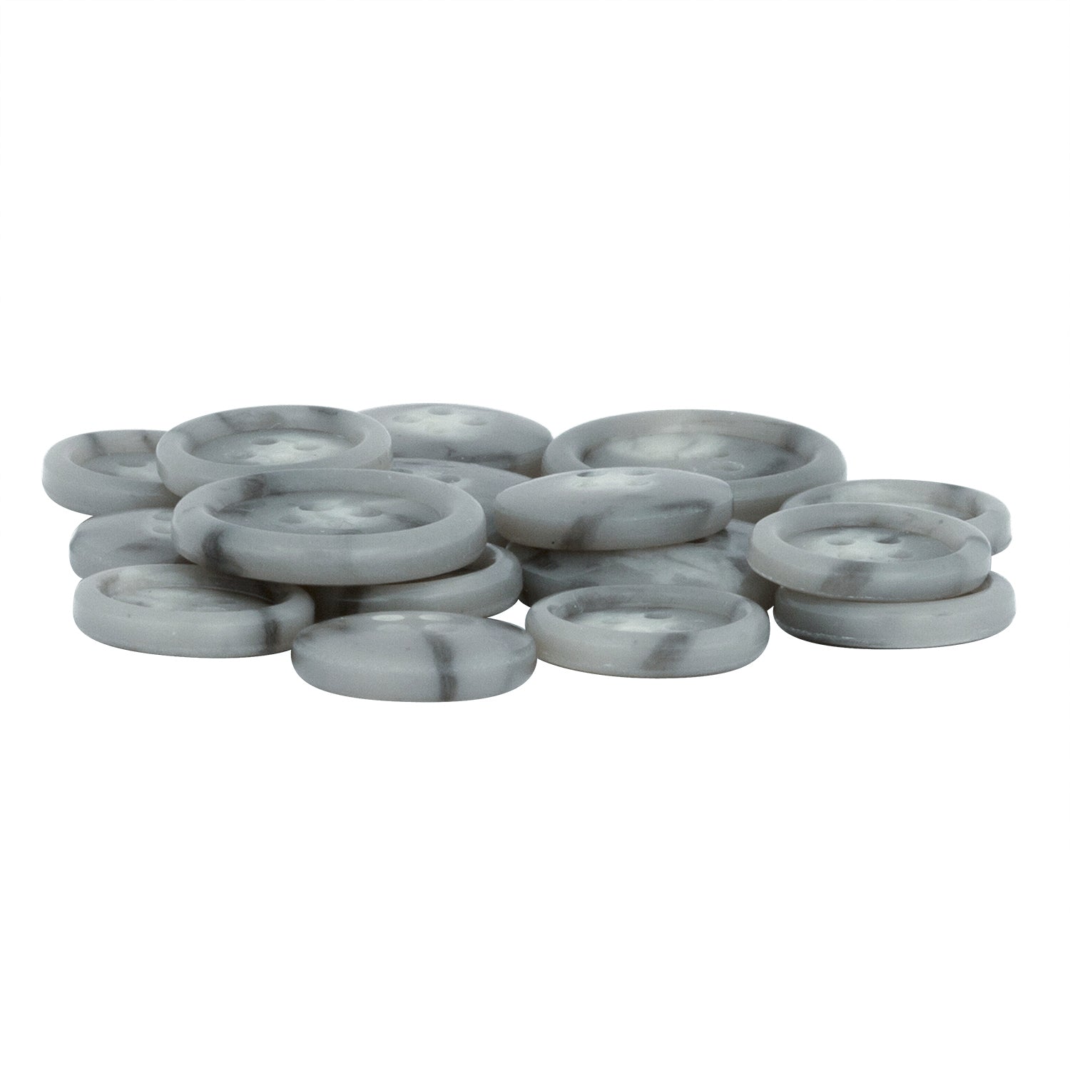 A stack of Regular Suit Buttons—round, flat, gray marbled with four holes—on a white background, perfect as replacements for your favorite jacket.