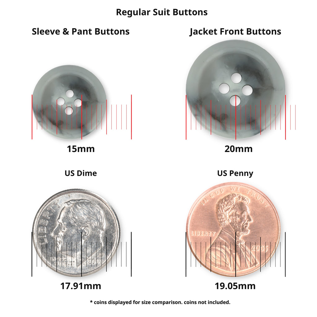 Two Regular Suit Buttons (15mm and 20mm) are displayed above a US dime (17.91mm) and penny (19.05mm) for size comparison, making them ideal replacement buttons for your jacket or blazer.