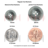 Two Regular Suit Buttons (15mm and 20mm) are displayed above a US dime (17.91mm) and penny (19.05mm) for size comparison, making them ideal replacement buttons for your jacket or blazer.
