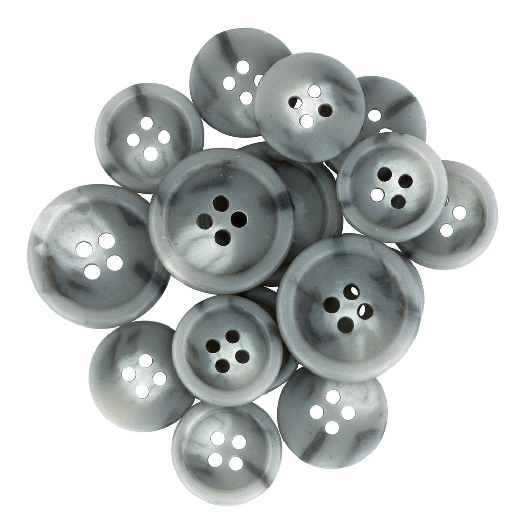 Regular Suit Buttons: gray, round, marbled four-hole buttons arranged in a grouped pattern—perfect replacements to update or repair your wardrobe.