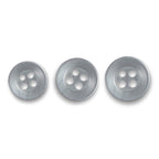 Three round, silver Replacement Shirt Buttons made of poly-nylon with a matte finish and four holes are arranged in a row by increasing size.