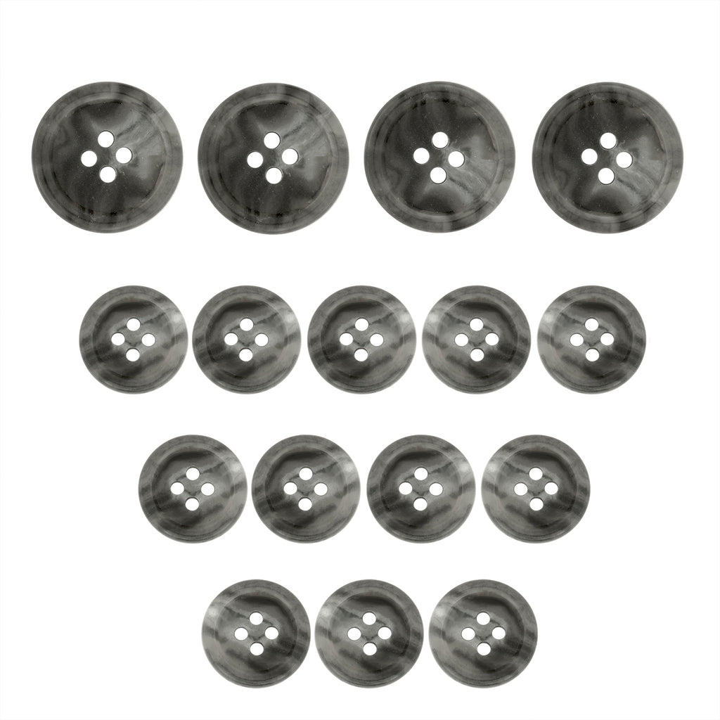 Fourteen Regular Suit Buttons, gray and round with four holes each, are arranged in a triangular pattern on a white background.