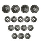 Fourteen Regular Suit Buttons, gray and round with four holes each, are arranged in a triangular pattern on a white background.