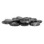 A pile of round, dark-colored Regular Suit Buttons candies resembling black suit buttons is displayed on a white background.