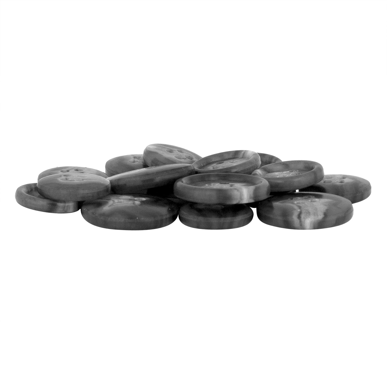 A pile of round, dark-colored Regular Suit Buttons candies resembling black suit buttons is displayed on a white background.