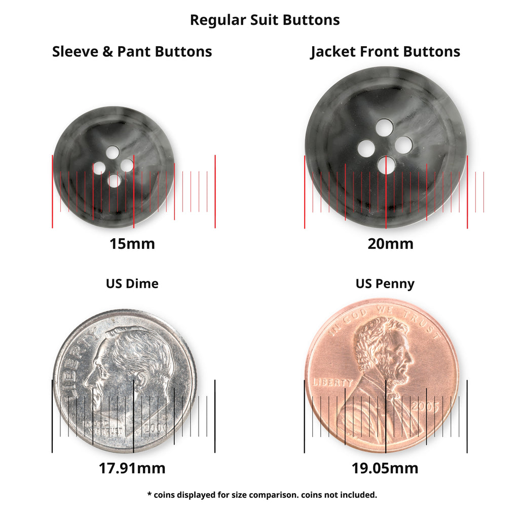 Four Regular Suit Buttons in black, shown with two coins for size comparison; sizes labeled 15mm–20mm—ideal replacement buttons for your suit.