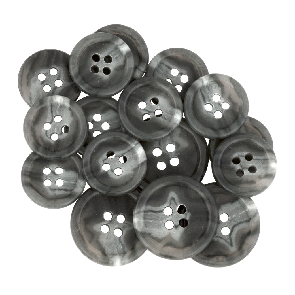 A close arrangement of Regular Suit Buttons, each round, gray marbled, and featuring four holes.