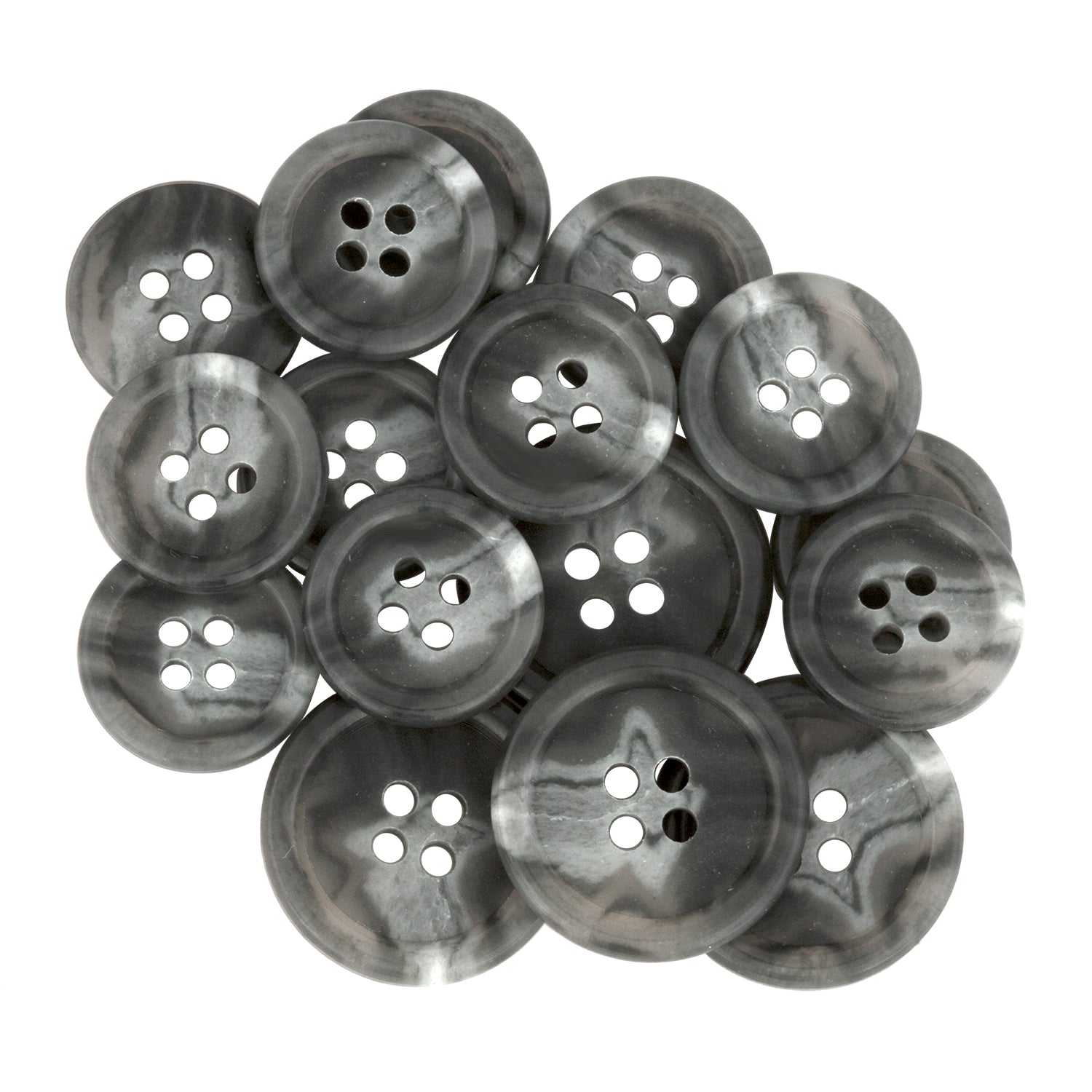 A close arrangement of Regular Suit Buttons, each round, gray marbled, and featuring four holes.