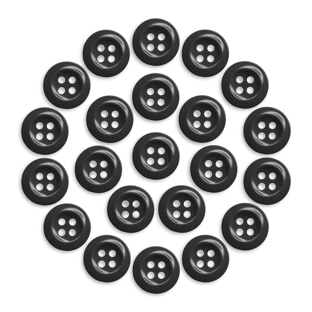 Twenty-two black Work Shirt Buttons, arranged in a circular pattern on a white background.