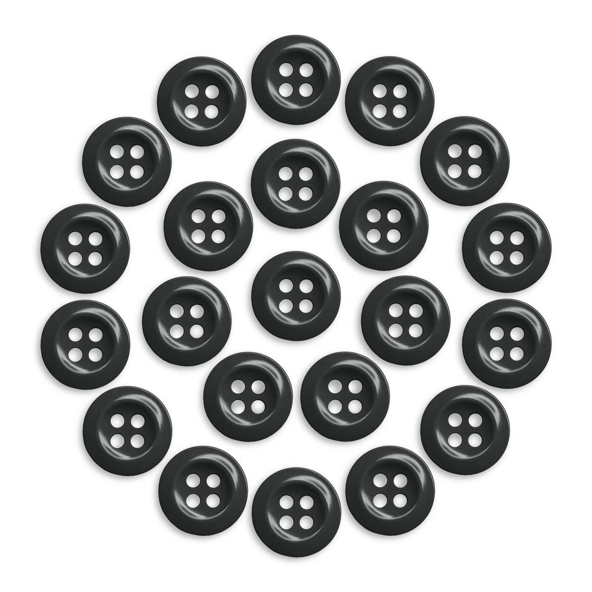 Twenty-one Work Shirt Buttons, black, military spec with four holes each, are arranged in a circular pattern on a white background.
