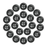 Twenty-one Work Shirt Buttons, black, military spec with four holes each, are arranged in a circular pattern on a white background.