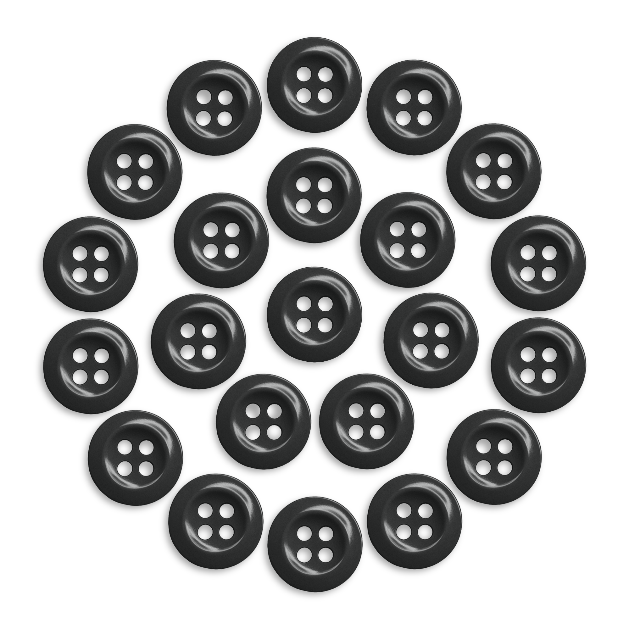 Twenty-two black Work Shirt Buttons, arranged in a circular pattern on a white background.