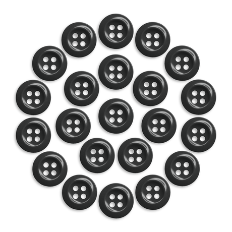 Twenty-one Work Shirt Buttons, black, military spec with four holes each, are arranged in a circular pattern on a white background.