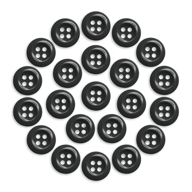Twenty-one Work Shirt Buttons, black, military spec with four holes each, are arranged in a circular pattern on a white background.
