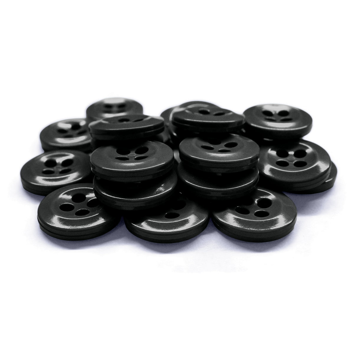 Work Shirt Buttons in black are scattered and stacked on a white surface.
