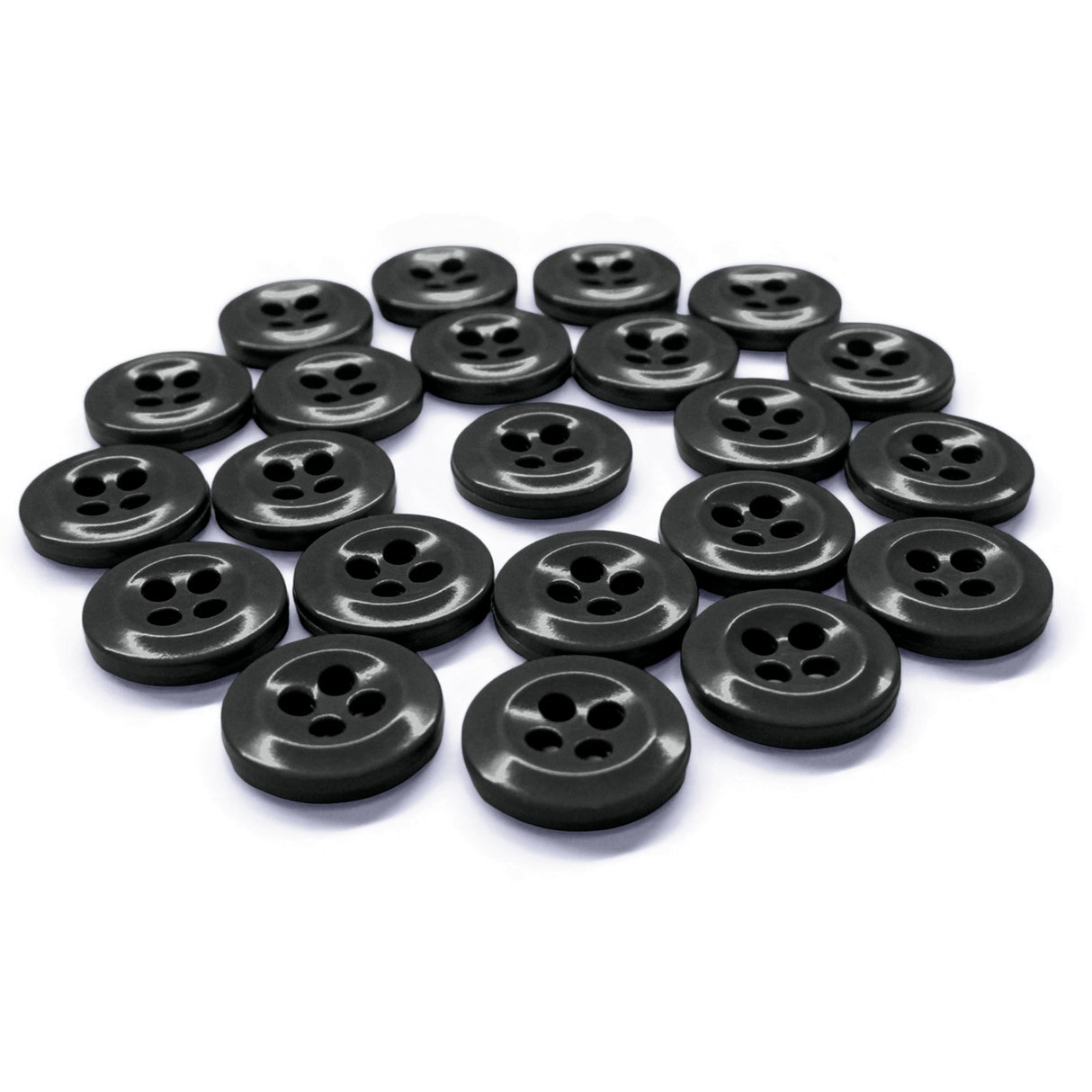 Twenty black Work Shirt Buttons, each with four holes, are displayed in a loose, slightly curved arrangement on a white background.
