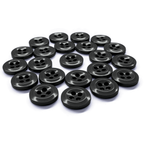 Twenty-two black, four-hole Work Shirt Buttons (22 Pack) are arranged in a curved, organized pattern on a white surface.