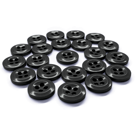 Twenty black Work Shirt Buttons, each with four holes, are displayed in a loose, slightly curved arrangement on a white background.