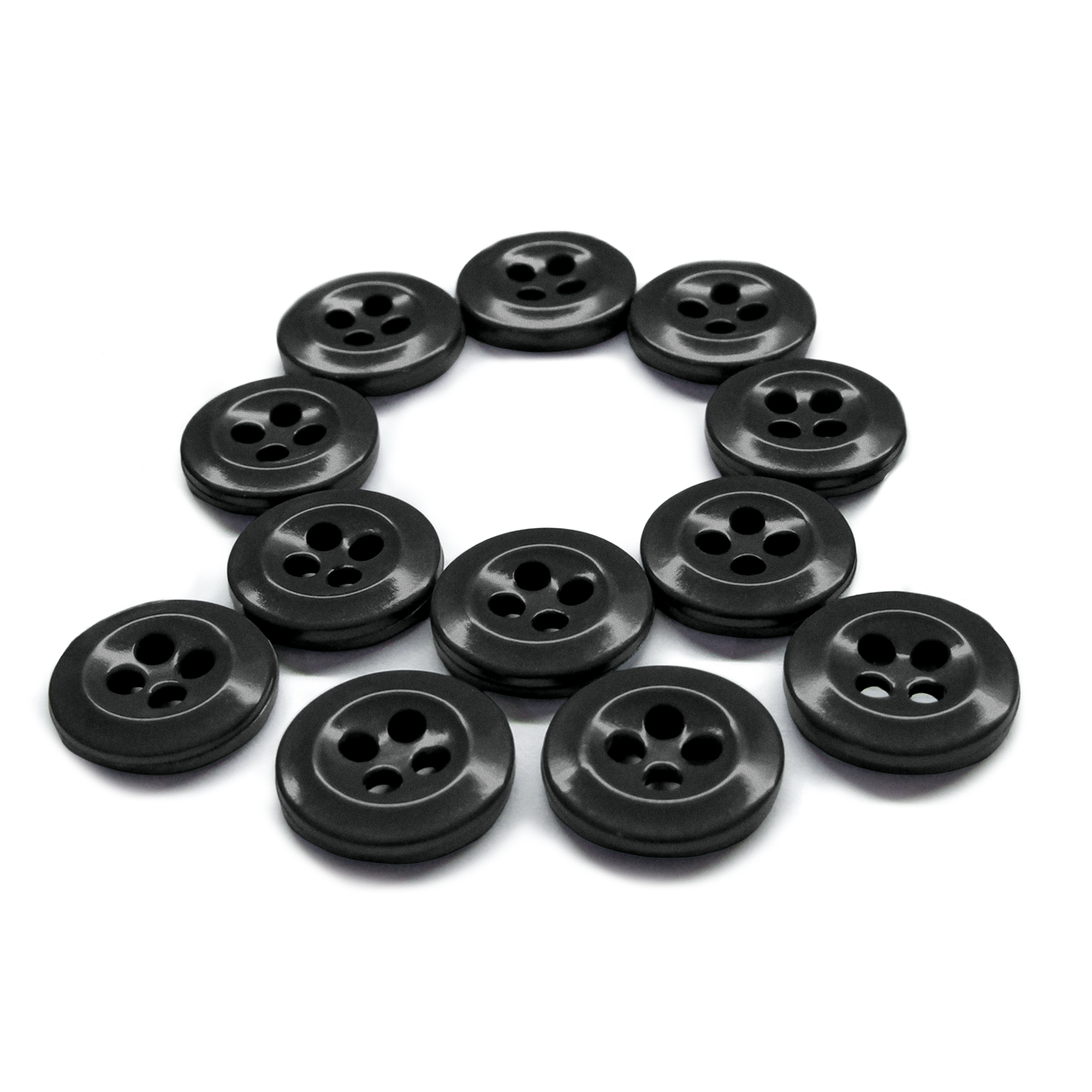 A set of Work Shirt Buttons 12 Pack, arranged in a question mark shape, displayed on a white background.