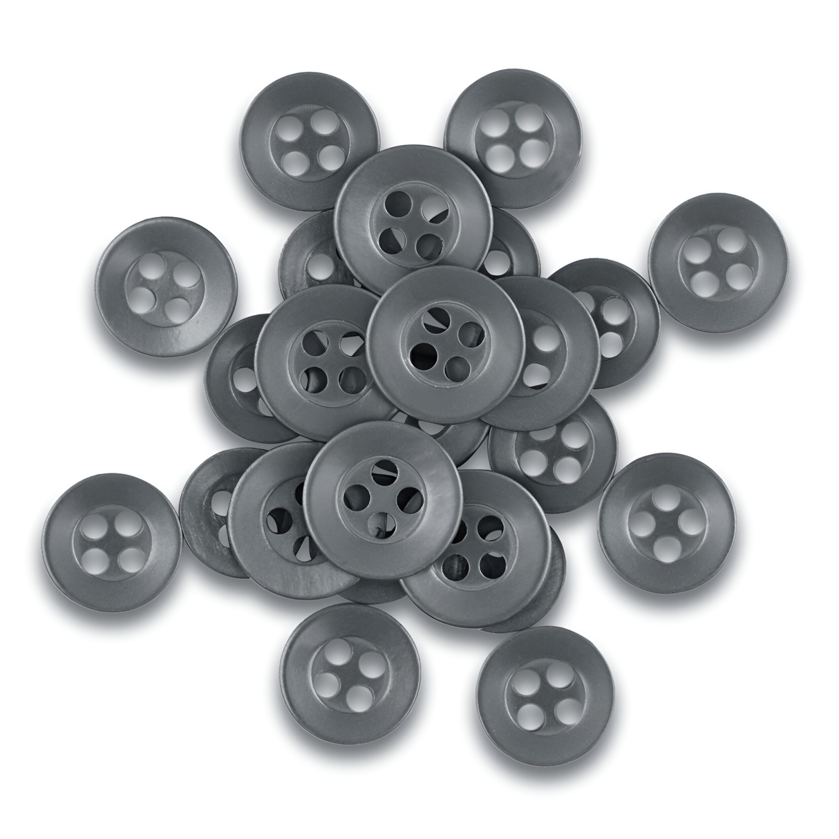 A pile of round, gray Replacement Shirt Buttons, valued for their durability, scattered on a white background—ideal for any tailor's kit.