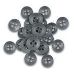 A pile of round, gray Replacement Shirt Buttons, valued for their durability, scattered on a white background—ideal for any tailor's kit.