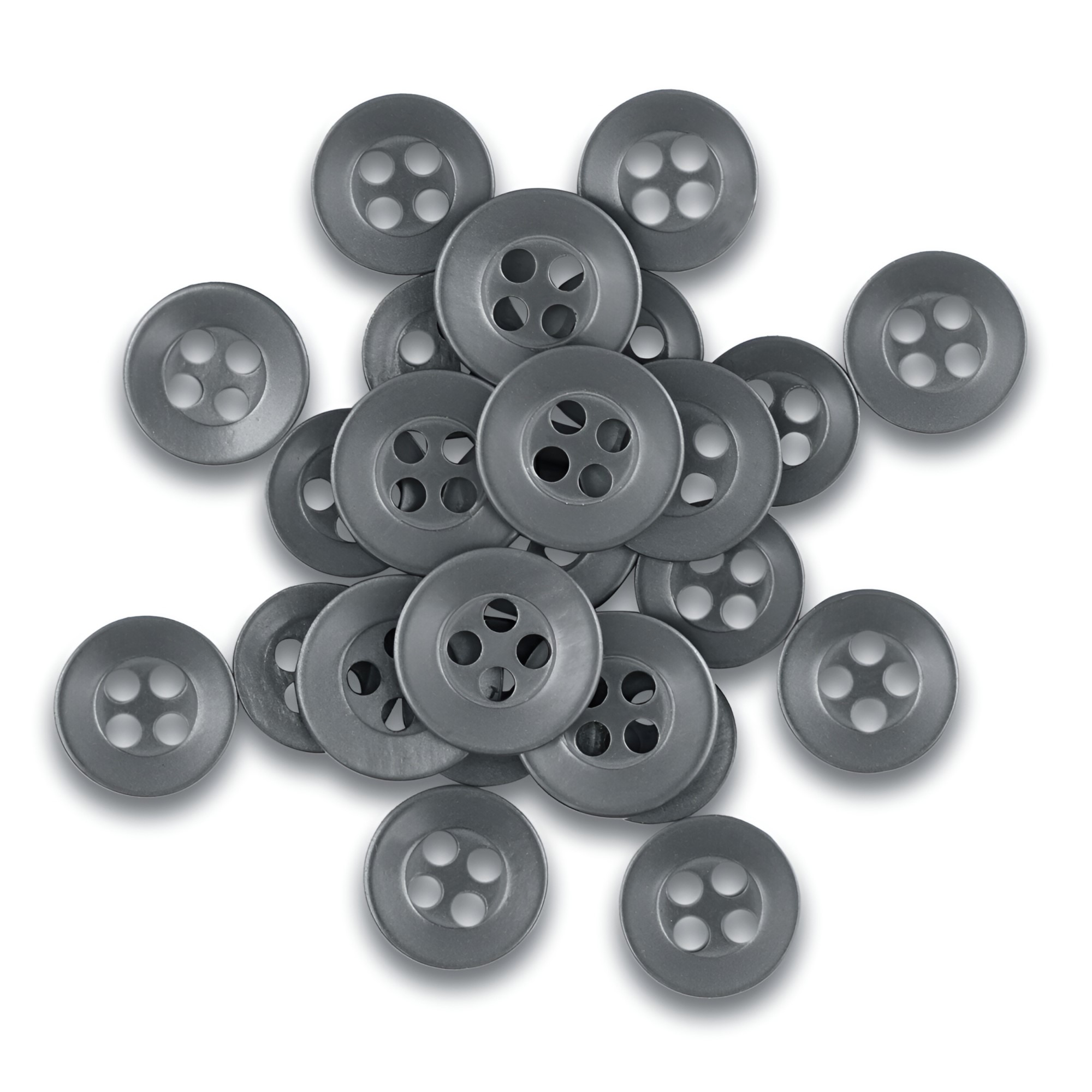 A pile of round, gray Replacement Shirt Buttons, valued for their durability, scattered on a white background—ideal for any tailor's kit.