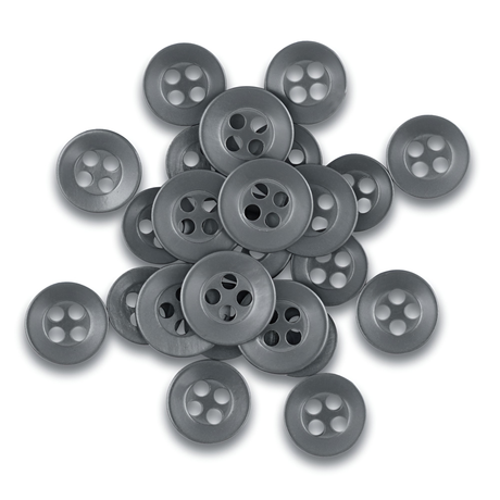 A pile of round, gray Replacement Shirt Buttons, valued for their durability, scattered on a white background—ideal for any tailor's kit.