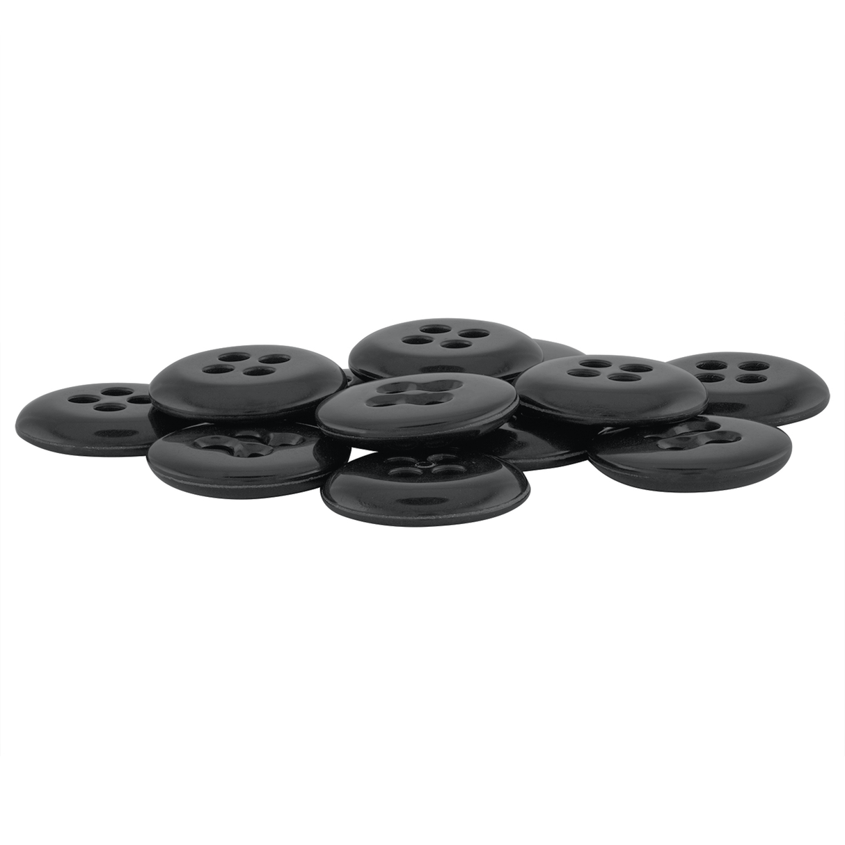 A pile of black, round Suspender Brace Pant Buttons with four holes on a white background.