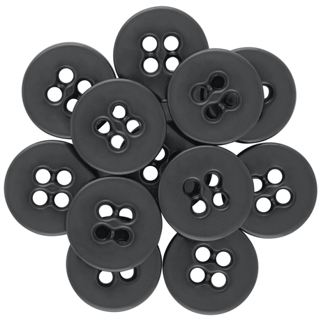 A set of black Suspender Brace Pant Buttons with four holes, arranged in an overlapping circular pattern.