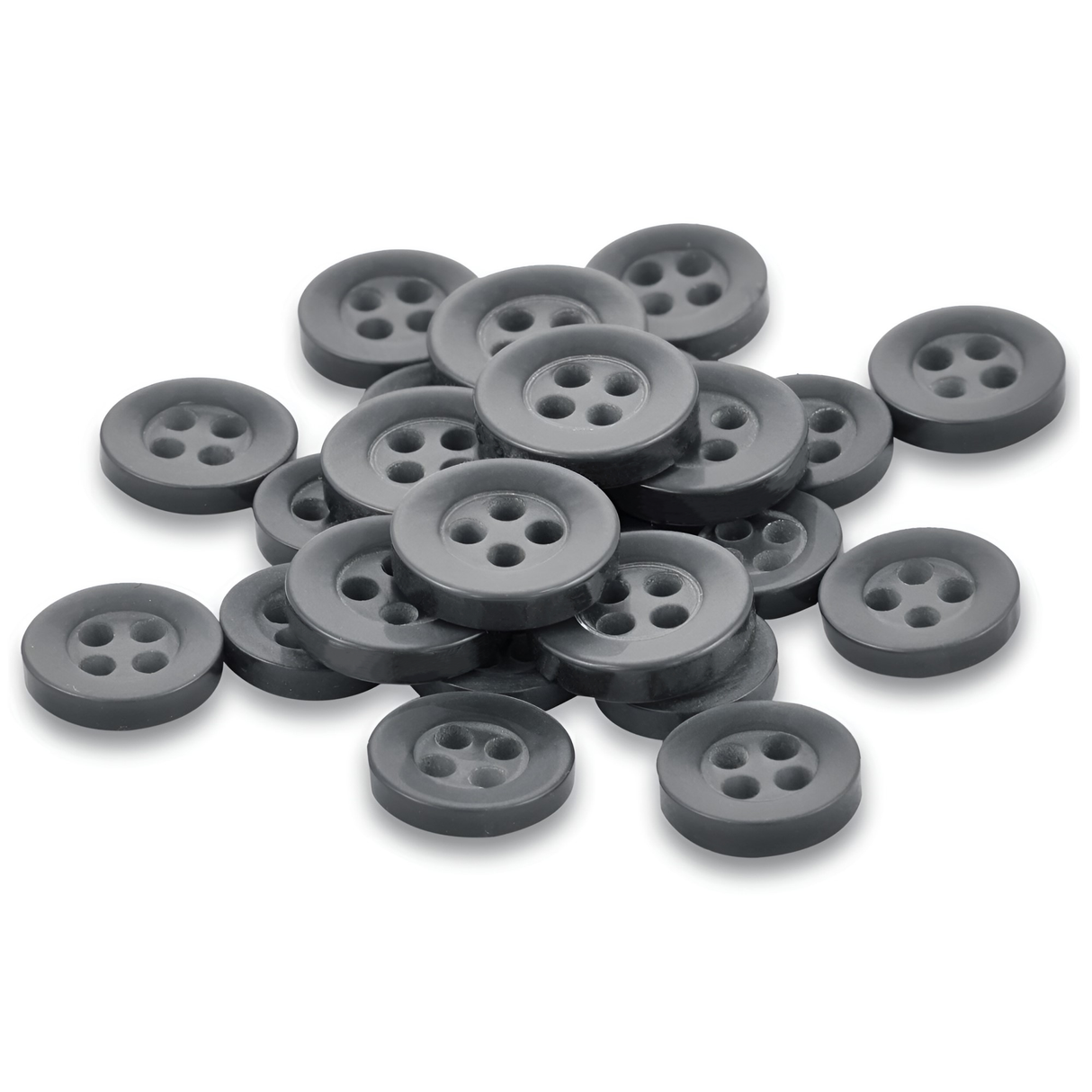 A pile of Replacement Shirt Buttons—small, round, black Poly-Nylon with four holes—is scattered on a white surface, ideal durable options for any tailor's kit.
