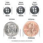 Three Replacement Shirt Buttons of various sizes are shown above a US dime and penny for size comparison; measurements are labeled. These Poly-Nylon buttons offer durable options for any shirt sewing need.