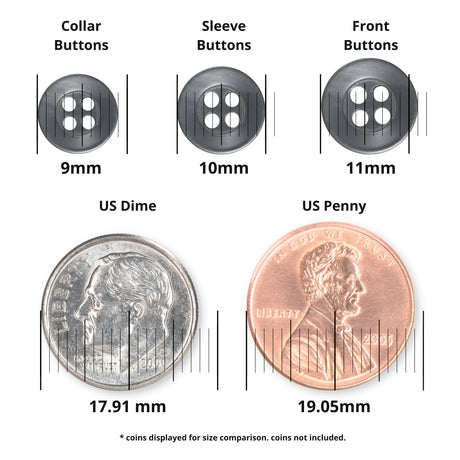 Three Replacement Shirt Buttons of various sizes are shown above a US dime and penny for size comparison; measurements are labeled. These Poly-Nylon buttons offer durable options for any shirt sewing need.