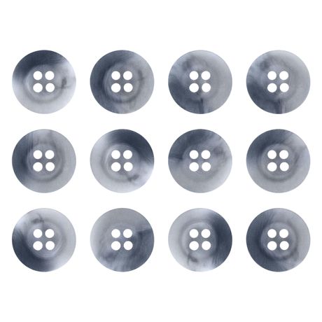 Twelve Khakis, Chinos and Casual Cotton Pant Buttons with four holes, gray in color, arranged neatly on a white background.