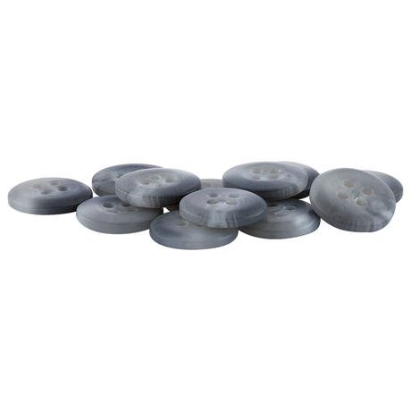 A pile of round, gray Khakis, Chinos and Casual Cotton Pant Buttons with four holes on a white background.