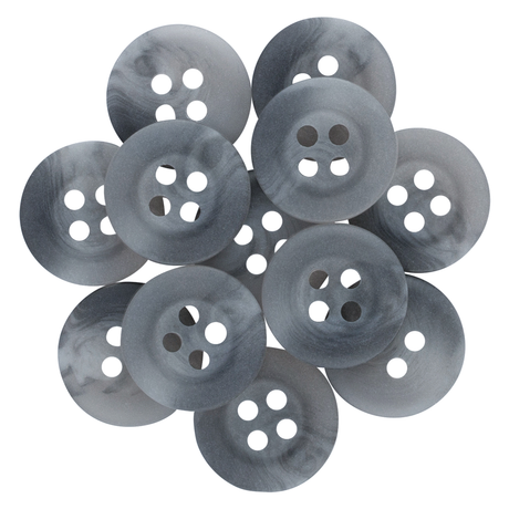 A cluster of gray, marbled Khakis, Chinos and Casual Cotton Pant Buttons with two and four holes, arranged in a circular overlap.