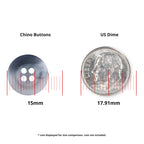 A 15mm Khakis, Chinos and Casual Cotton Pant Button made from durable nylon for black pants is shown next to a 17.91mm US dime for size reference, with measurement lines included.