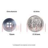 A 15mm Khakis, Chinos and Casual Cotton Pant Button made from durable nylon for black pants is shown next to a 17.91mm US dime for size reference, with measurement lines included.
