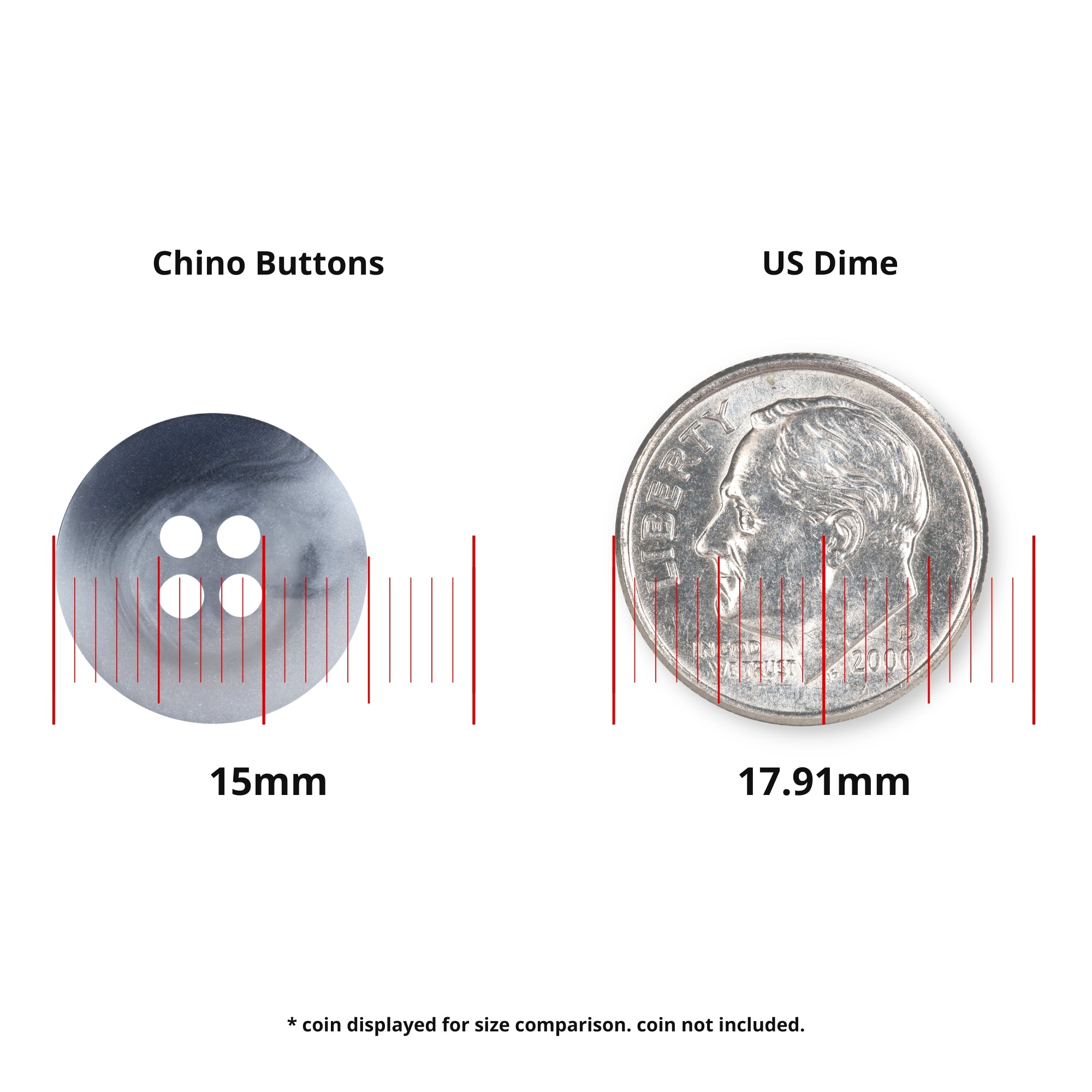 A 15mm Khakis, Chinos and Casual Cotton Pant Button made from durable nylon for black pants is shown next to a 17.91mm US dime for size reference, with measurement lines included.
