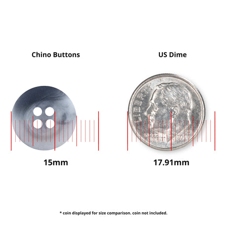 A 15mm Khakis, Chinos and Casual Cotton Pant Button made from durable nylon for black pants is shown next to a 17.91mm US dime for size reference, with measurement lines included.