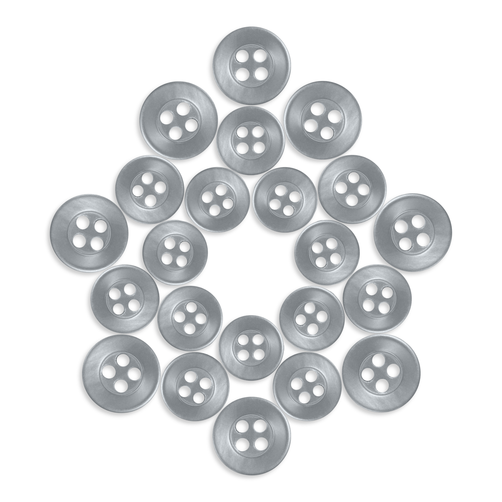 Twenty-four durable Replacement Shirt Buttons made of poly-nylon are arranged in a symmetrical star or flower shape on a white background—ideal for any tailor's kit.