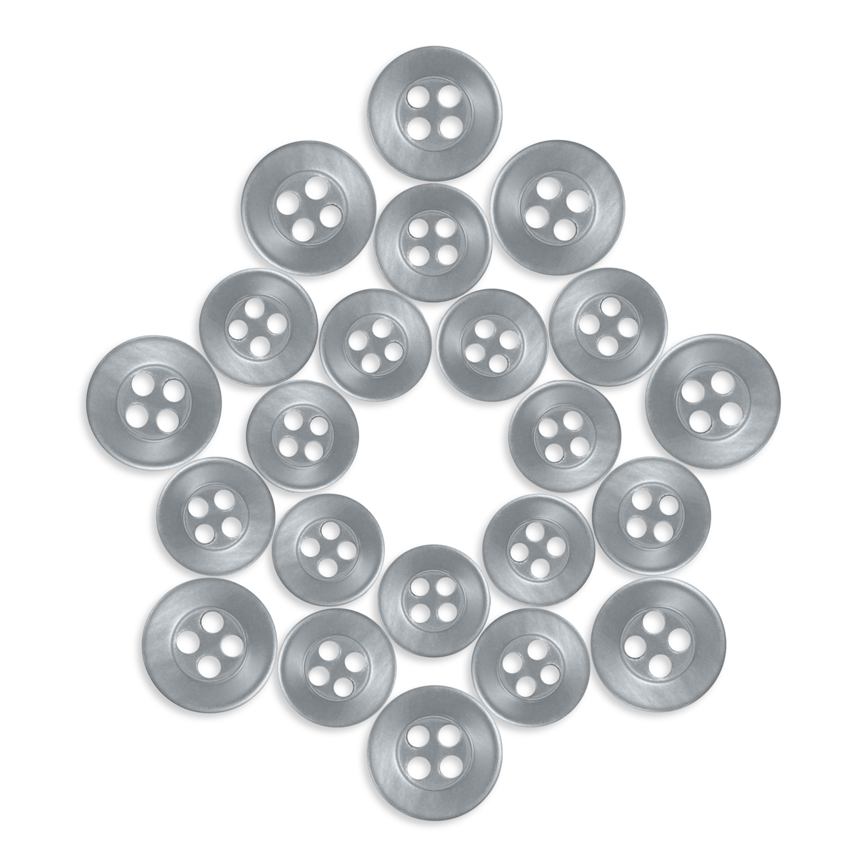Twenty-four durable Replacement Shirt Buttons made of poly-nylon are arranged in a symmetrical star or flower shape on a white background—ideal for any tailor's kit.