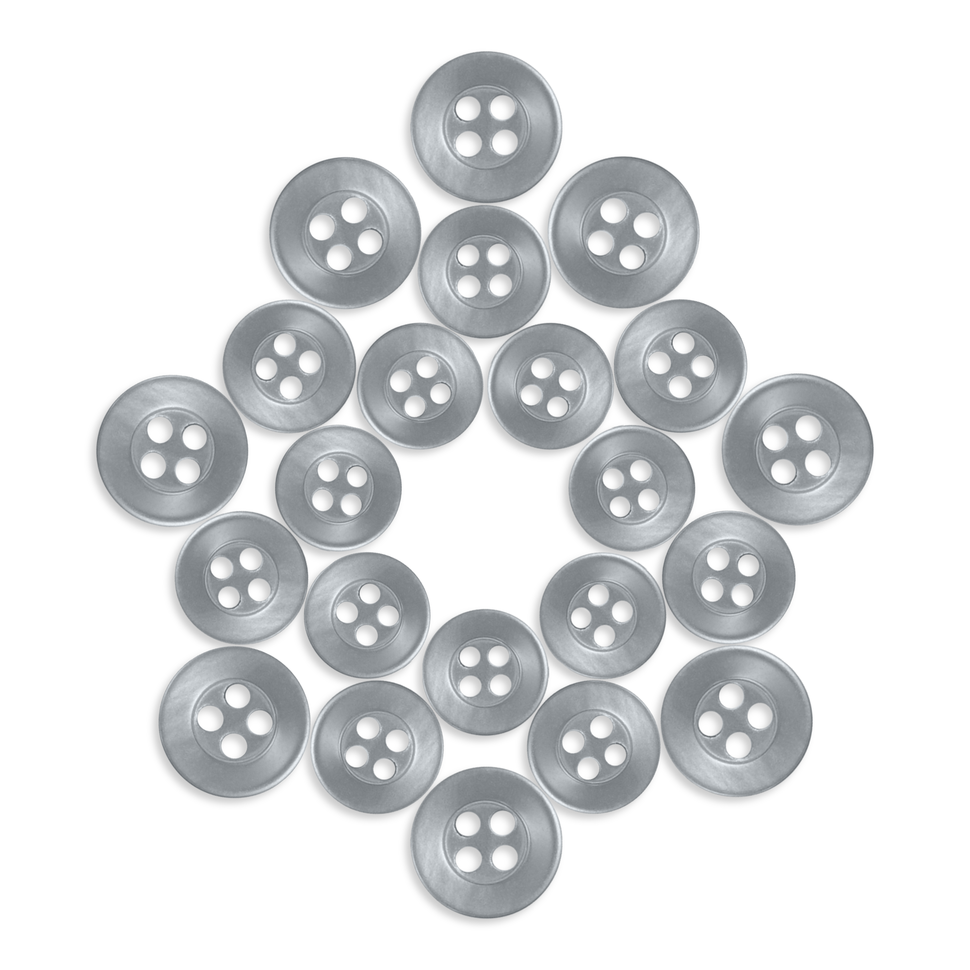 Twenty-four durable Replacement Shirt Buttons made of poly-nylon are arranged in a symmetrical star or flower shape on a white background—ideal for any tailor's kit.