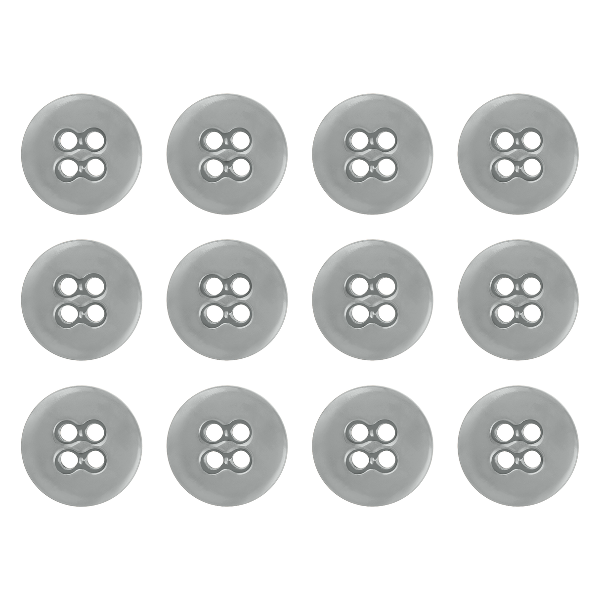 Twelve Suspender Brace Pant Buttons, gray with four holes, are arranged in a 3x4 grid on a white background.