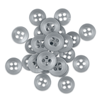 Replacement Shirt Buttons in gray with four holes are shown scattered on a white background. Durable and ideal for shirts.