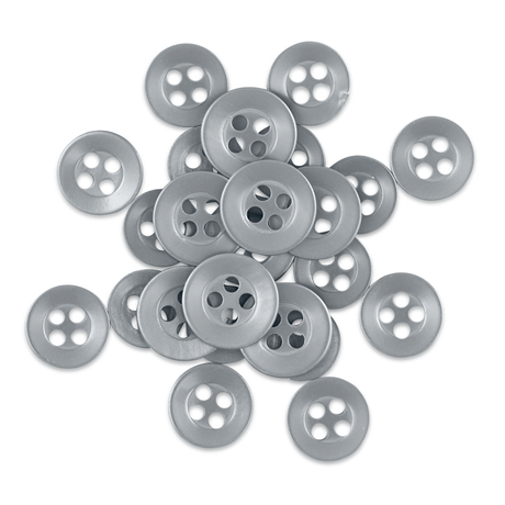 Replacement Shirt Buttons in gray with four holes are shown scattered on a white background. Durable and ideal for shirts.