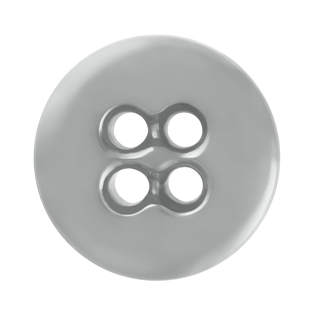 A close-up of a shiny, round, gray Suspender Brace Pant Button featuring four center holes and a military-spec design.