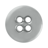 A close-up of a shiny, round, gray Suspender Brace Pant Button featuring four center holes and a military-spec design.